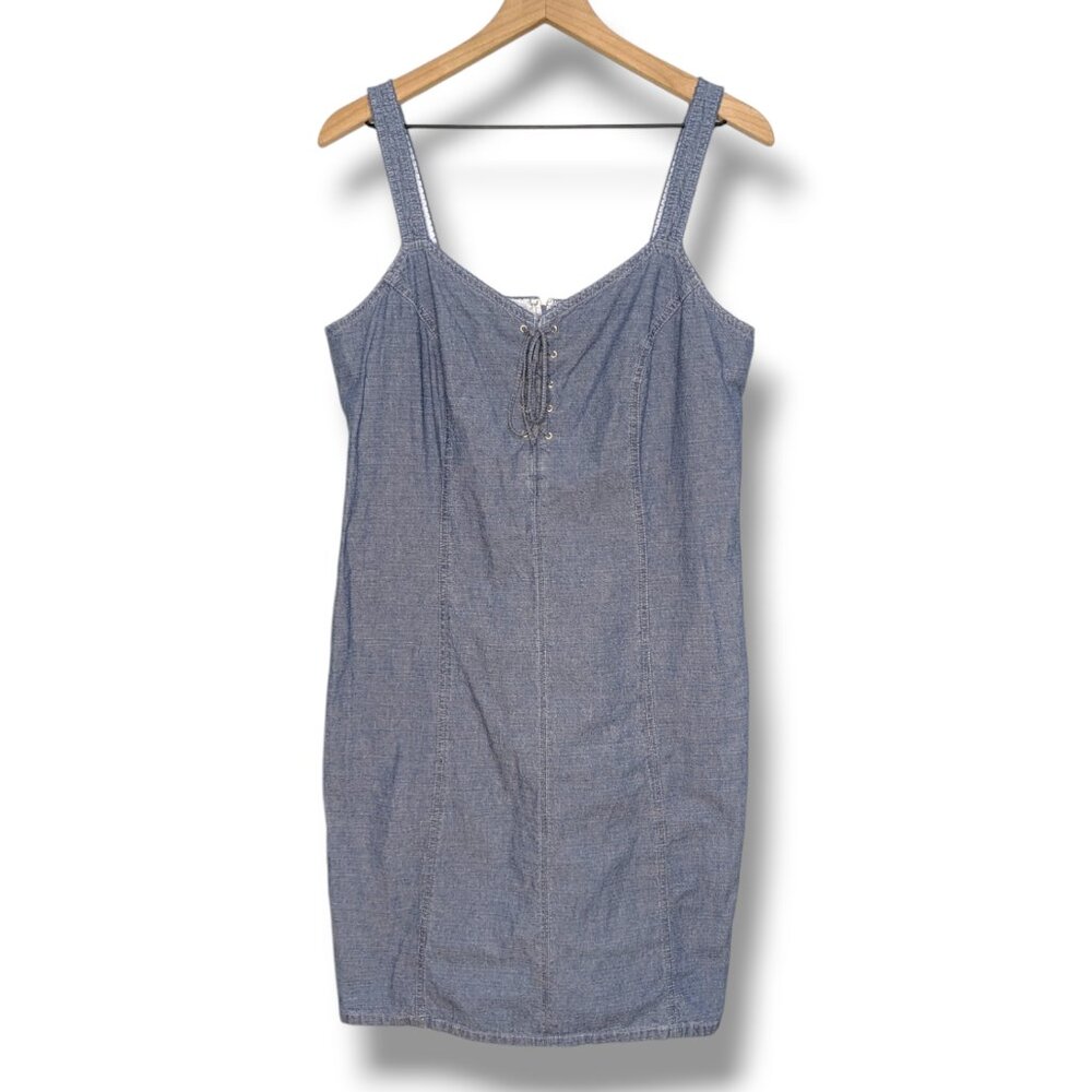 Faded Glory Denim Knee Length Dress Size 12 100% Cotton Sleeveless Lace Up VTG